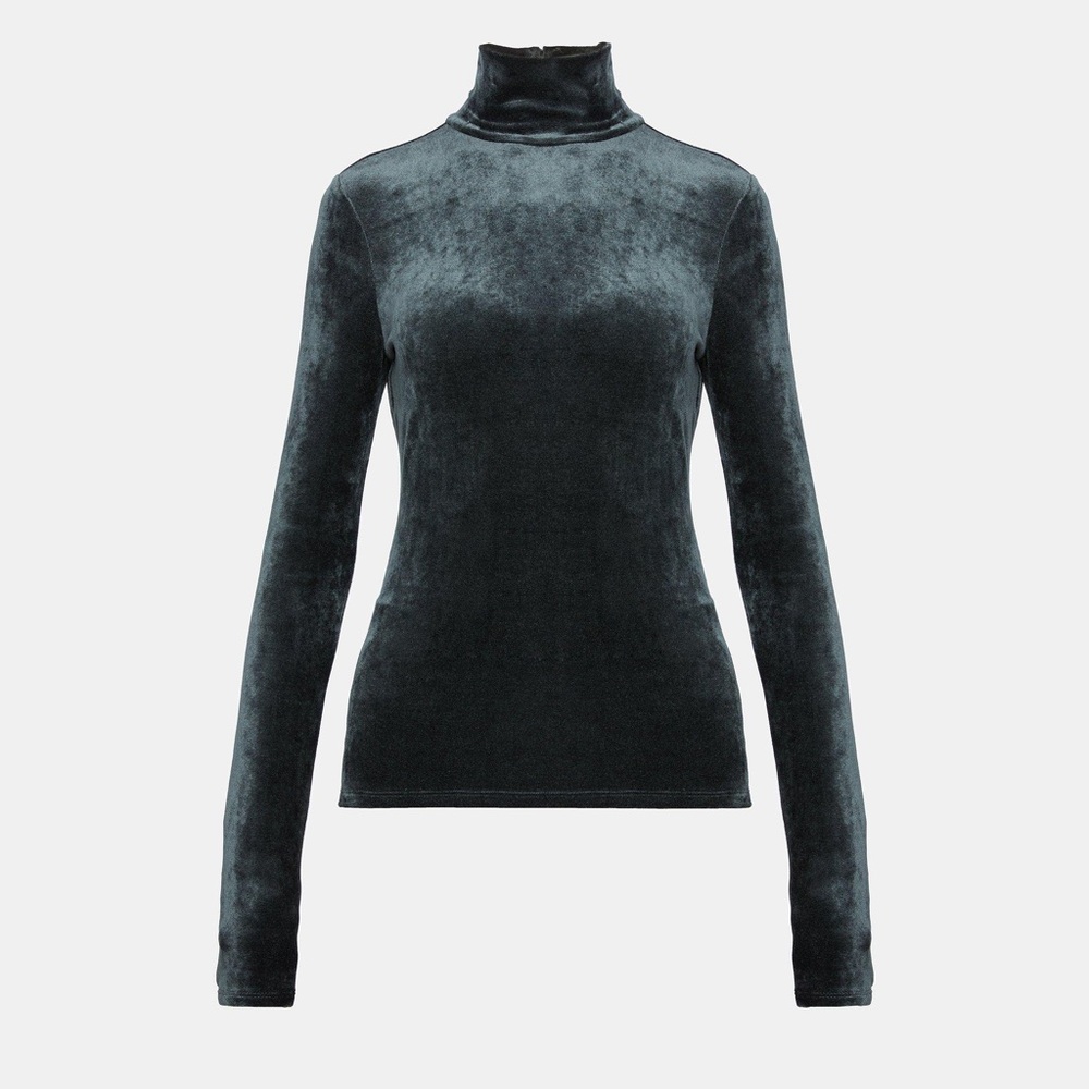 Theory Like New Velvet Velour Dark Green Turtleneck Long Sleeve Top